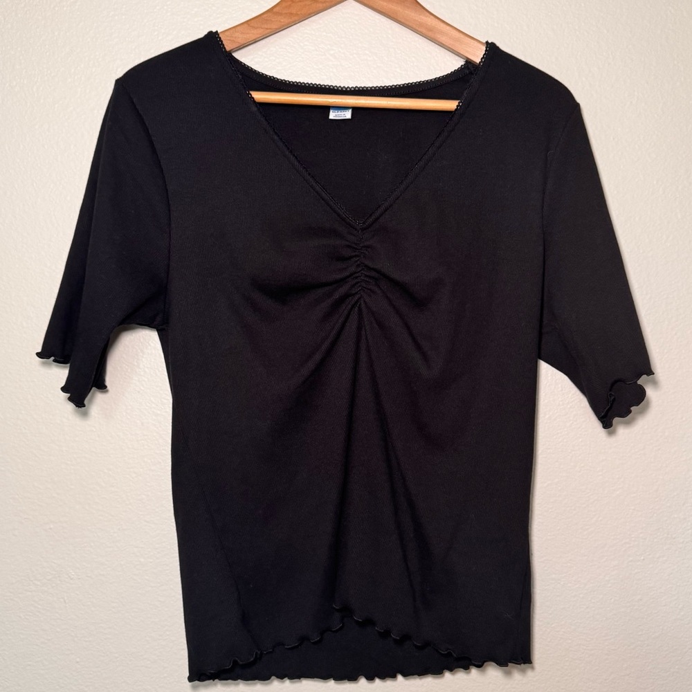 Old Navy Black Ruched Front Ribbed Top Lettuce Hem Stretch Tee XL